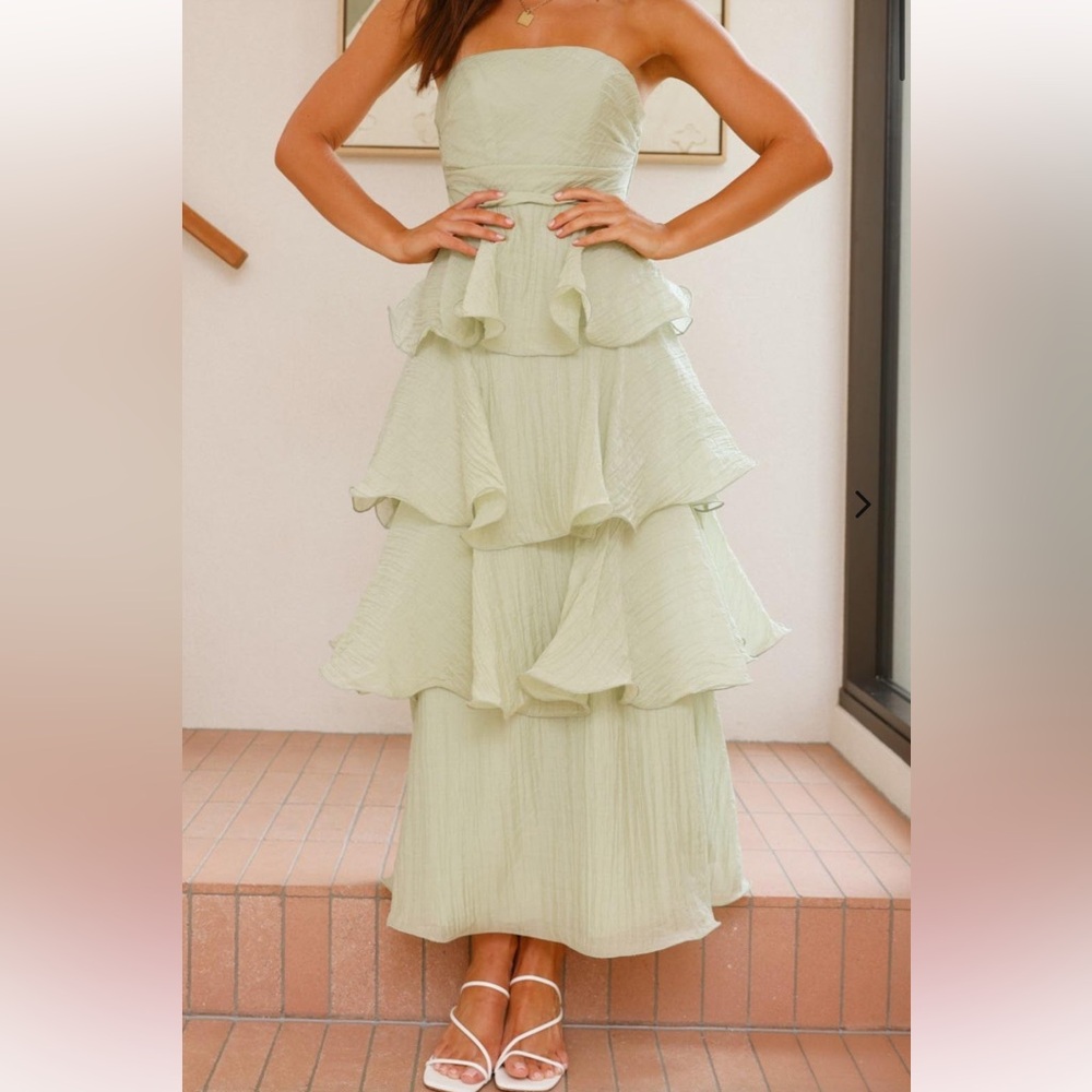 Sage Green Tiered Ruffle Strapless Dress in size Small